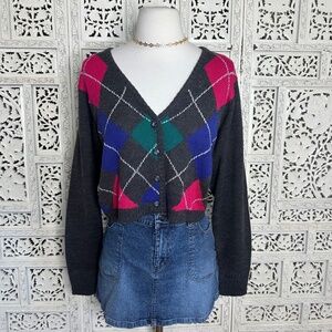 Vintage Deadstock Wool Blend Lightweight Argyle‎ Pattern Cropped Button Cardigan